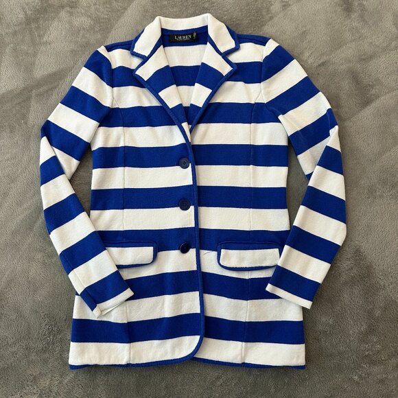 Lauren Ralph Lauren Jackets & Blazers - Lauren Ralph Lauren Knit Blazer Jacket SMALL Blue White Striped Preppy Nautical